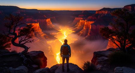 A person stands on a cliff edge, silhouetted against a vibrant sunrise illuminating a vast canyon with fiery orange and red hues.の素材