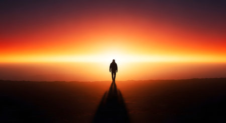 A lone person stands in silhouette against a vibrant, intense sunset, casting a long shadow on the flat terrain.の素材