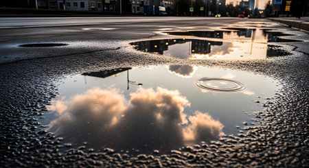 A close-up view of a wet city street with puddles reflecting the sky, clouds, and buildings.の素材