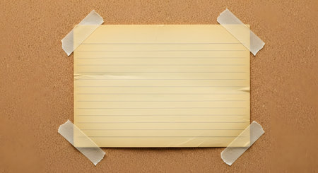 A blank yellow piece of paper is taped to a textured corkboard surface in a close-up shot.の素材