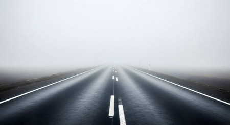 A wet asphalt highway stretches forward, its white lane markers fading into a dense, white fog.の素材