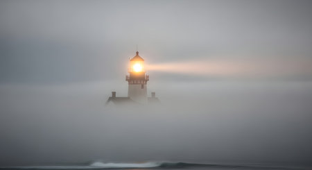 A solitary lighthouse emits a powerful beam of light, cutting through dense fog over the ocean.の素材