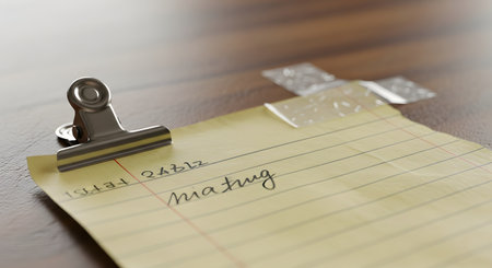 A metal clip holds a yellow notepad with handwritten words. The background is blurred, suggesting a workspace.の素材