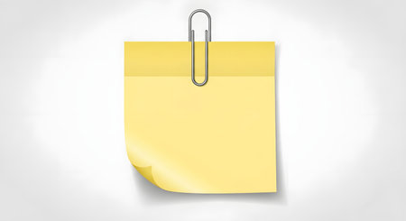 A single yellow sticky note is attached to a white surface by a silver paperclip. The note has a slight curl at the bottom corner.の素材