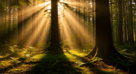 Golden sun rays stream through tall trees, illuminating the forest floor with dappled light and shadow.の素材