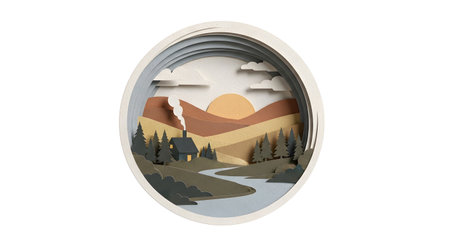 A layered paper art diorama within an oval frame depicts a serene mountain scene with a river and trees under a sunrise sky.の素材