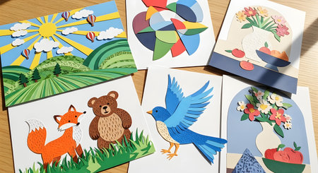 A collection of vibrant, handcrafted artworks including a sunny landscape, a blue bird, a fox and bear, and floral still lifes.の素材