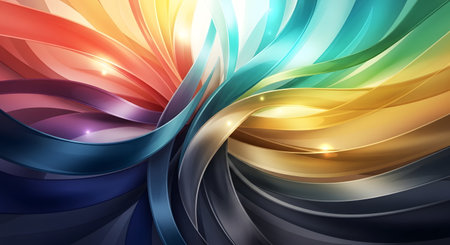 A dynamic abstract artwork featuring swirling ribbons of vibrant rainbow colors and bright, luminous highlights.の素材