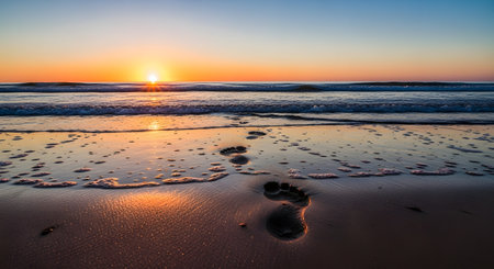 Footprints lead across wet sand towards the ocean as the sun sets, casting warm colors across the sky and water.の素材