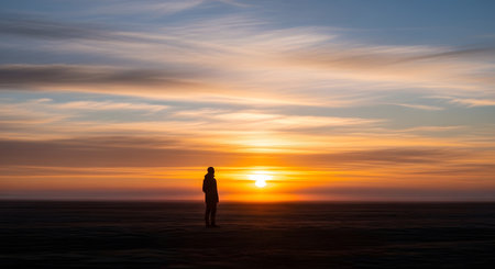 A solitary person stands in silhouette, facing a brilliant sunset painting the sky with warm hues of orange and yellow.の素材