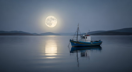 A full moon shines brightly over a tranquil sea, casting a shimmering reflection. A small boat rests peacefully on the water.の素材