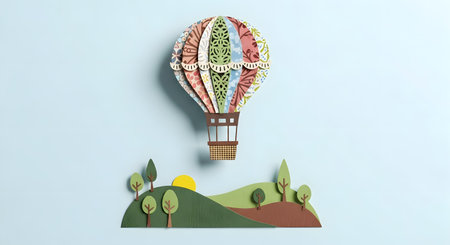 A colorful, intricately designed paper hot air balloon hovers above a charming, handcrafted paper scene of rolling hills and trees.の素材