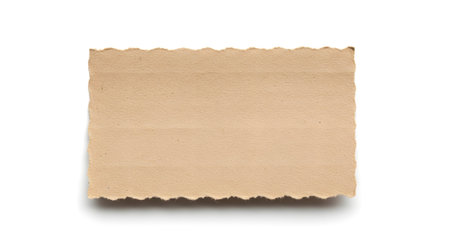 A single, empty, light brown postage stamp with decorative serrated edges is isolated on a clean white background.の素材