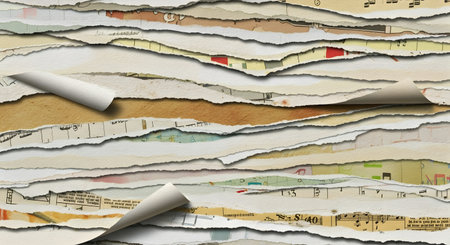 A close-up abstract view of layered torn paper creating a textured, organic pattern with hints of color peeking through.の素材