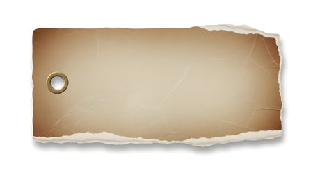 A blank, torn kraft paper tag with a metal eyelet, isolated on a white background. It has a rustic, vintage feel.の素材