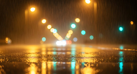 A blurry, atmospheric view of a wet city street at night, with glowing bokeh lights reflecting on the wet pavement.の素材