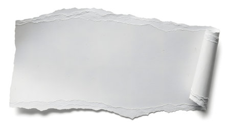 A piece of torn white paper with uneven, jagged edges and a curled corner, casting a subtle shadow on a white background.の素材