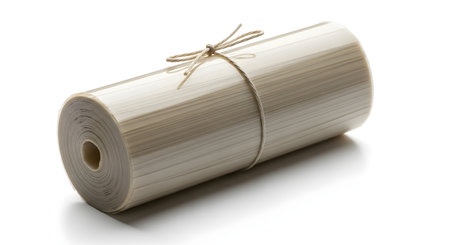 A tightly rolled newspaper is secured with a thin string, casting a subtle shadow on a clean white surface.の素材