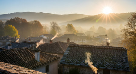 A golden sunrise breaks through morning mist, illuminating rooftops and trees in a charming, old-world village nestled among hills.の素材