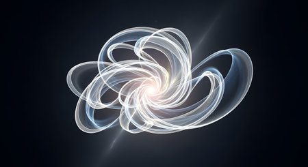 A luminous, ethereal abstract form with swirling, translucent ribbons of light emanating from a bright, energetic core against a dark background.の素材