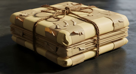 A rustic stack of square items wrapped in textured brown paper and tied with natural twine, suggesting a handmade or vintage gift.の素材