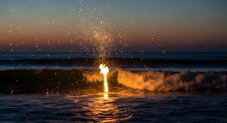 A vibrant firework bursts with golden light, illuminating the dark ocean and crashing waves during a serene sunset.の素材
