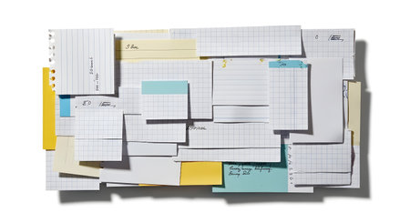 A chaotic pile of various documents, receipts, and sticky notes scattered and overlapping.の素材