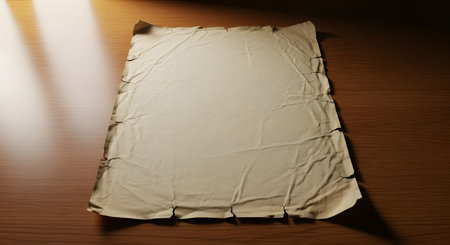 An old, weathered parchment paper lies on a wooden surface, illuminated by dramatic shafts of light, showcasing its torn and aged edges.の素材