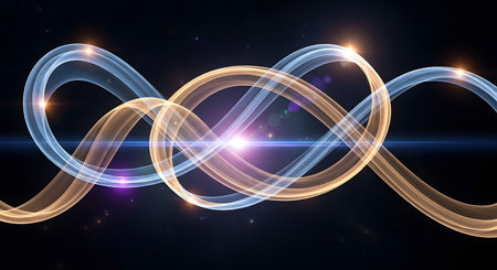 A luminous, abstract representation of a DNA double helix with swirling light trails and a bright central light source, suggesting energy and discovery.の素材