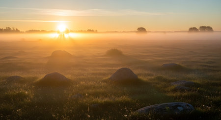 A warm, golden sunrise illuminates a foggy rural landscape, casting soft light on scattered hay bales in a field.の素材