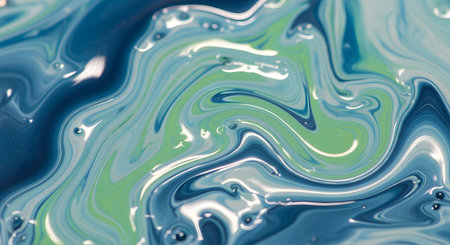A close-up abstract view of swirling blue, green, and white liquid paint creating a marbled effect with glossy highlights.の素材