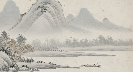 A traditional East Asian ink wash painting depicts towering, mist-shrouded mountains, lush trees, and a tranquil river with a solitary boat.の素材