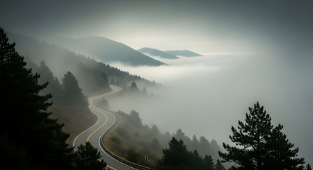 A winding road cuts through a dense pine forest, disappearing into a thick, ethereal mist that blankets the mountainside.の素材