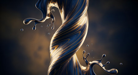 A close-up, dramatic shot of a twisted water stream illuminated by golden light, with droplets splashing outwards.の素材