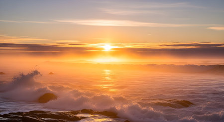 A vibrant sunset casts a golden glow over the ocean, with waves crashing against the shore and a misty horizon.の素材