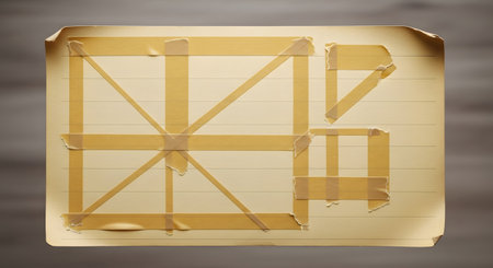 An aged architectural blueprint displays detailed drawings of a wooden frame structure, showing beams and supports with yellowed paper.の素材