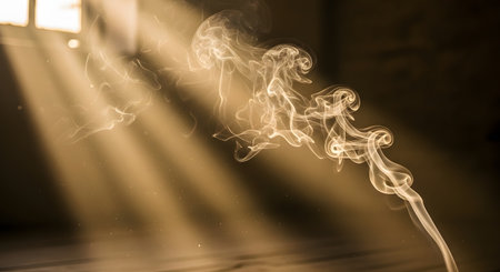 Golden sunbeams pierce a dark room, highlighting ethereal smoke rising and swirling in the light.の素材