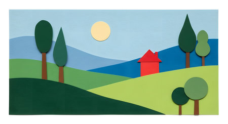 A minimalist, colorful illustration of rolling green hills under a pale blue sky, featuring abstract trees and a bright red structure.の素材