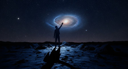 A lone figure silhouetted against a vast night sky, reaching towards a luminous spiral galaxy with a reflection in the water below.の素材