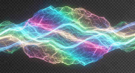 A dynamic, colorful abstract wave of light and energy, featuring intricate geometric patterns and a spectrum of vibrant hues against a dark background.の素材