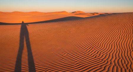 A solitary figure's long shadow stretches across textured sand dunes bathed in the warm, golden light of sunset.の素材
