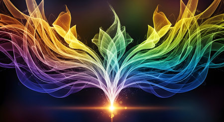 An abstract, symmetrical fractal design resembling a blooming flower or phoenix, rendered in a vibrant spectrum of rainbow colors with a glowing golden light at its base.の素材