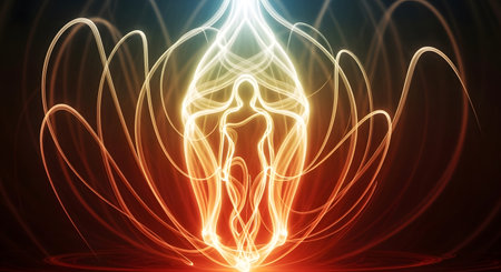 A luminous, ethereal human silhouette is surrounded by swirling, glowing light patterns, creating a vibrant and mystical visual.の素材