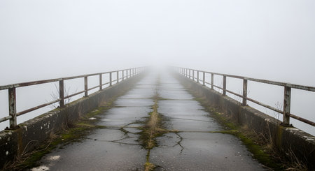 A weathered concrete bridge with metal railings disappears into a thick, atmospheric fog, creating a sense of mystery and isolation.の素材