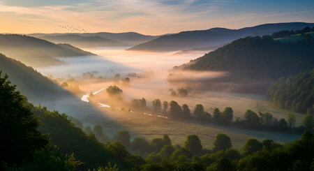 A breathtaking sunrise bathes a misty mountain valley in golden light, illuminating trees and a winding path below.の素材