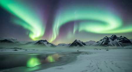 A breathtaking display of the Northern Lights illuminates a frozen, mountainous terrain with vibrant green and purple hues reflected in icy water.の素材