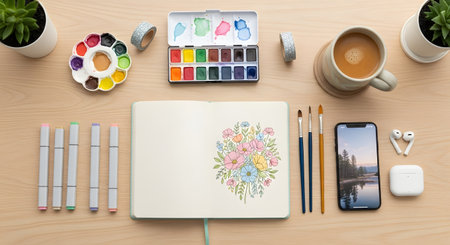 A top down view of art supplies including watercolors, markers, brushes, a notebook, and a phone next to a cup of coffee.の素材