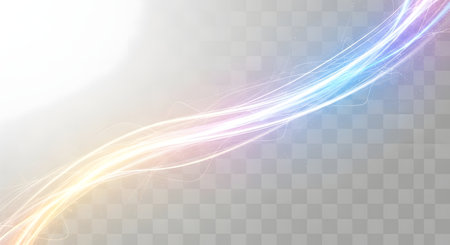 Dynamic, flowing lines of light in pastel rainbow colors create an ethereal, abstract background effect.の素材