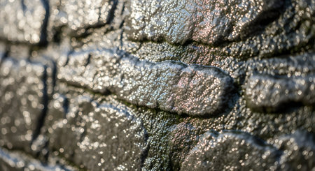 Detailed macro view of uneven, weathered stone blocks, showcasing their rugged texture and subtle color variations with light reflections.の素材