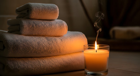 A stack of rough, light-colored stones is softly lit by a warm, glowing candle in a glass, creating a serene atmosphere.の素材